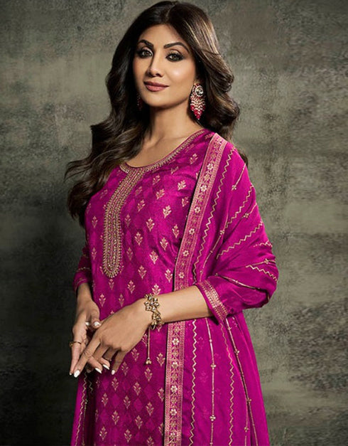 Heavy Designer Wedding Wear Jacquard Silk Salwar Suit Purple Jacquard Silk Pant Straight Close-up View